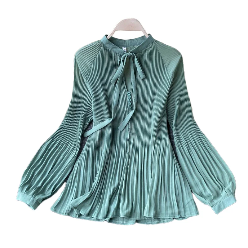 
 P066 Осенняя Новая женская рубашка шикарная Женская модная шифоновая плиссированная блузка на шнуровке с воротником-бантом однотонные элегантные топы  