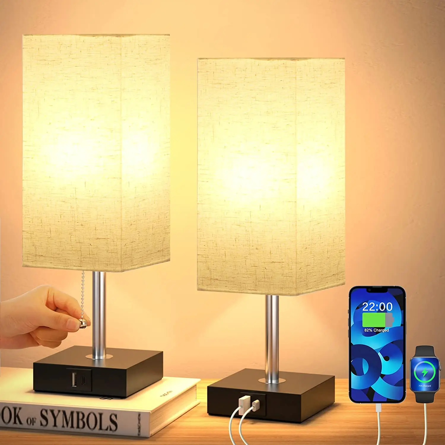 pull chain switch fabric shade  bedroom table lamp  Small Night Stand Light Lamp with USB charging port