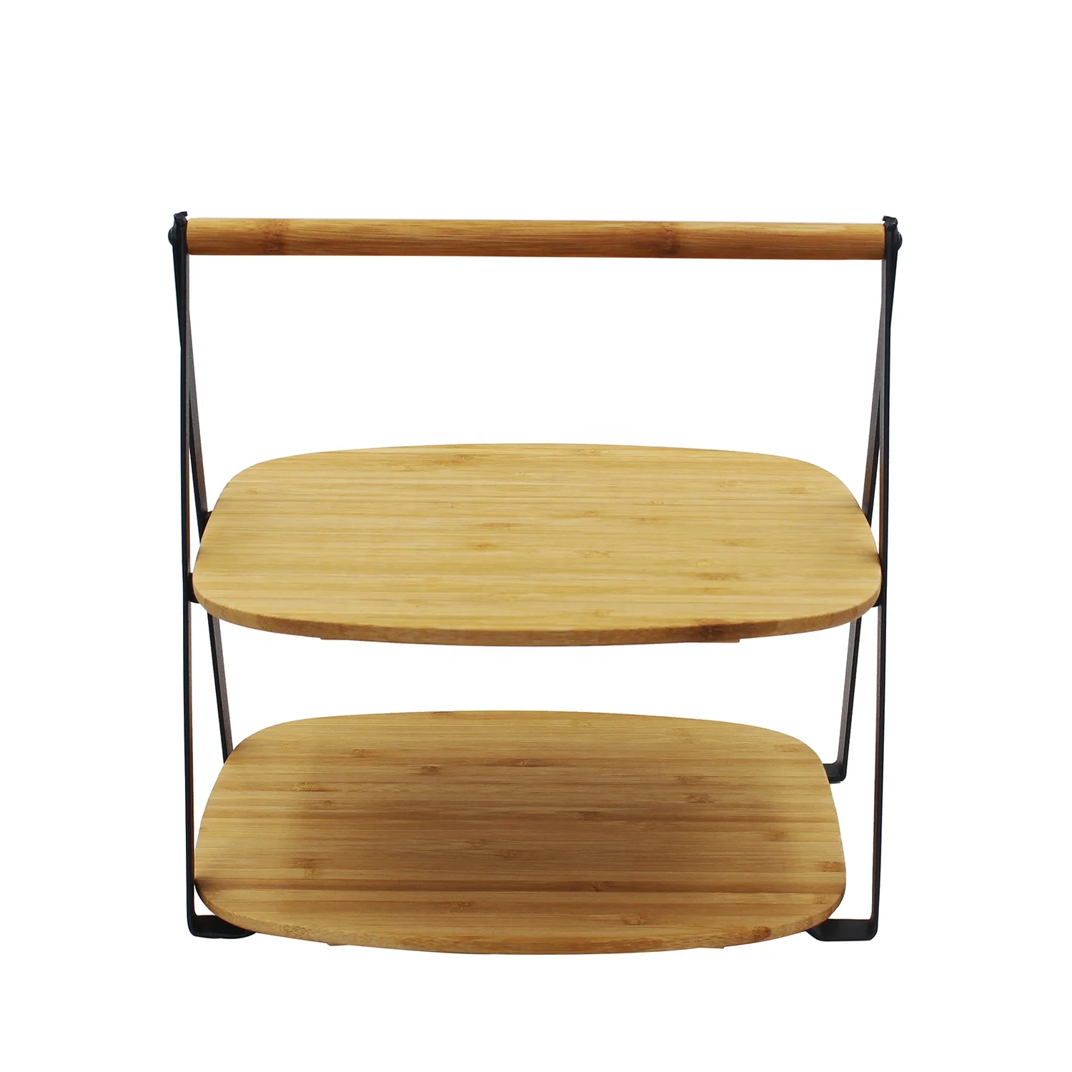 High quality cheap price factory wholesale 2 tier bamboo serving tray with metal stand