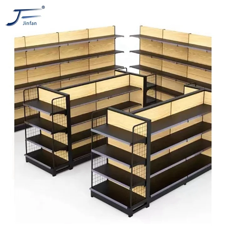 Customized Grocery Shelves Metal Supermarket wood grain Gondola Shelves Metal Shelving