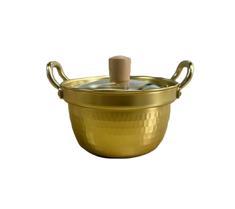 Japanese Style Double Handle Ramen Soup Pot with Lid Small Aluminum Alloy Golden Braiser Pot for Gas Stove Soup & Stock Pots