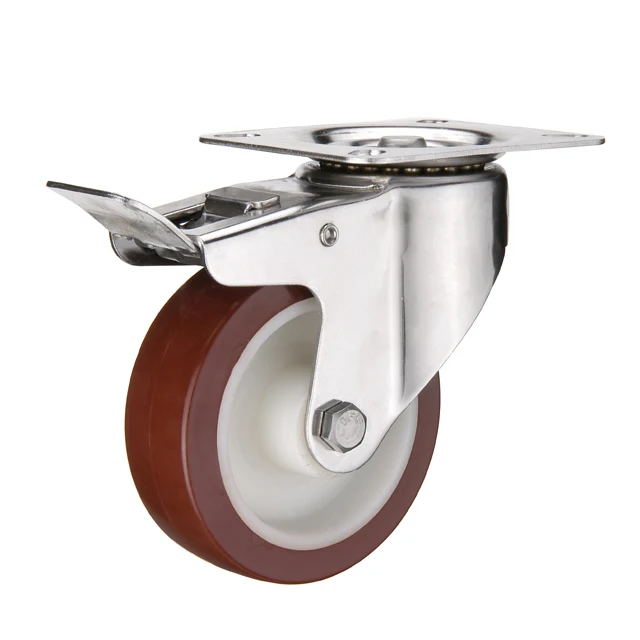 Total brake stainless steel industrial castor plate swivel caster wheel 3 / 4 / 5 inch Nylon core PU solid trolley wheel