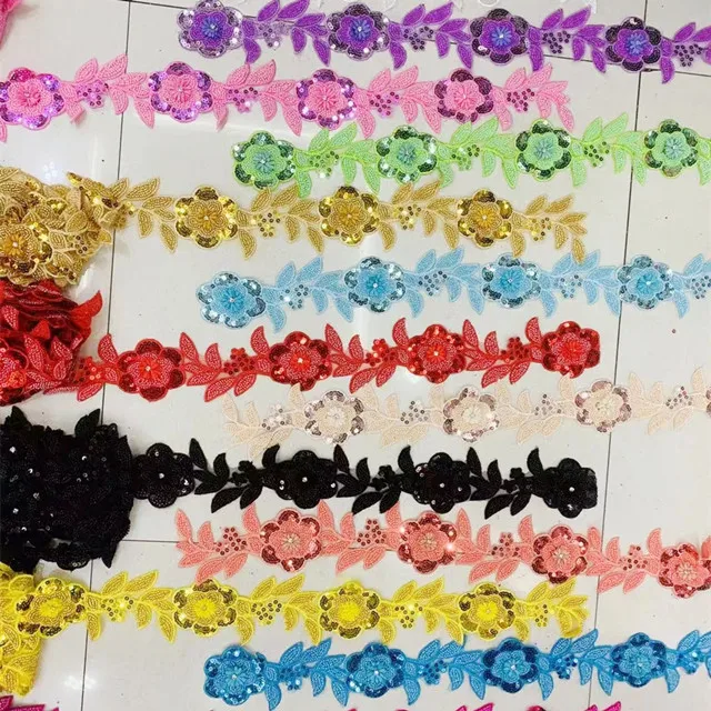 leaf shape flower machine made embroider organza pearl rhinestone seed bead lace trimming tape for dress