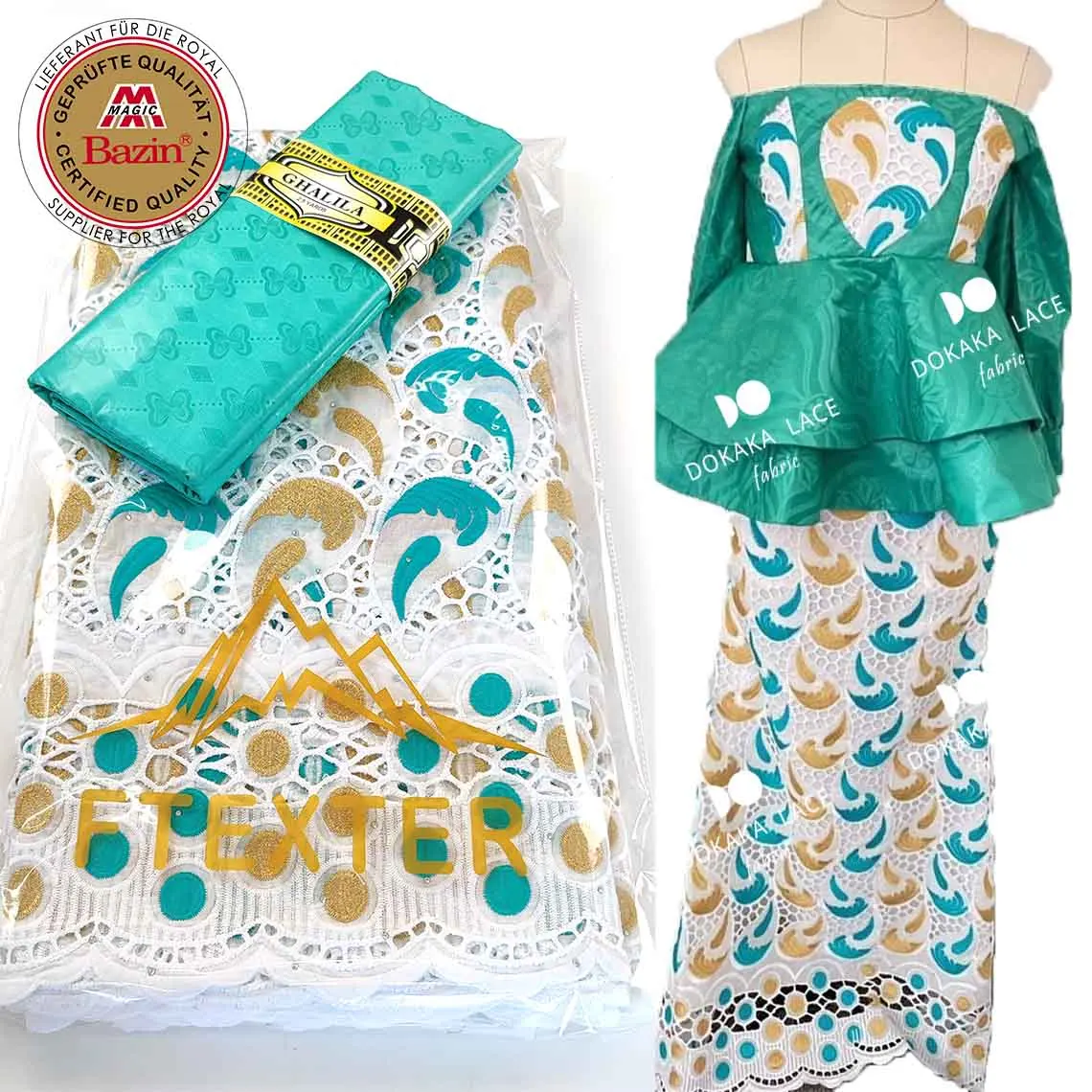 Green African Swiss Voile Lace With Embroidered Bazin Riche Fabric 100% Cotton Egypt Dry Lace And Shiny Basin Riche Fabric