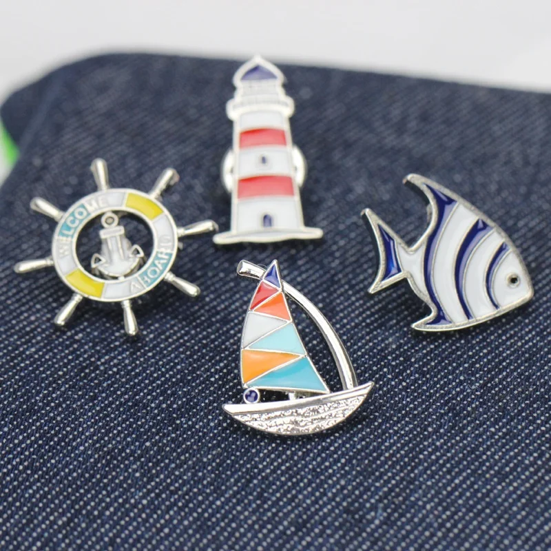 wholesale stock nordic style custom dripping oil Sailboat rudder metal lapel badge brooch pins with clasp cluth