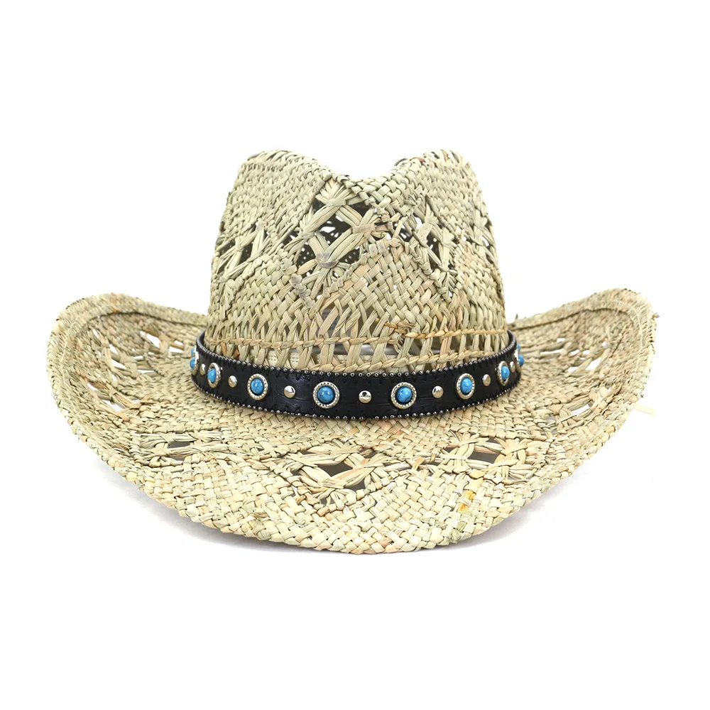 
Summer handmade natural salted grass straw hat for women men Cowboy hat 
