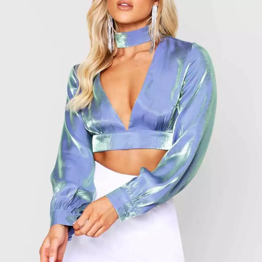 Женская атласная блузка с v-образным вырезом длинным рукавом-фонариком и открытой