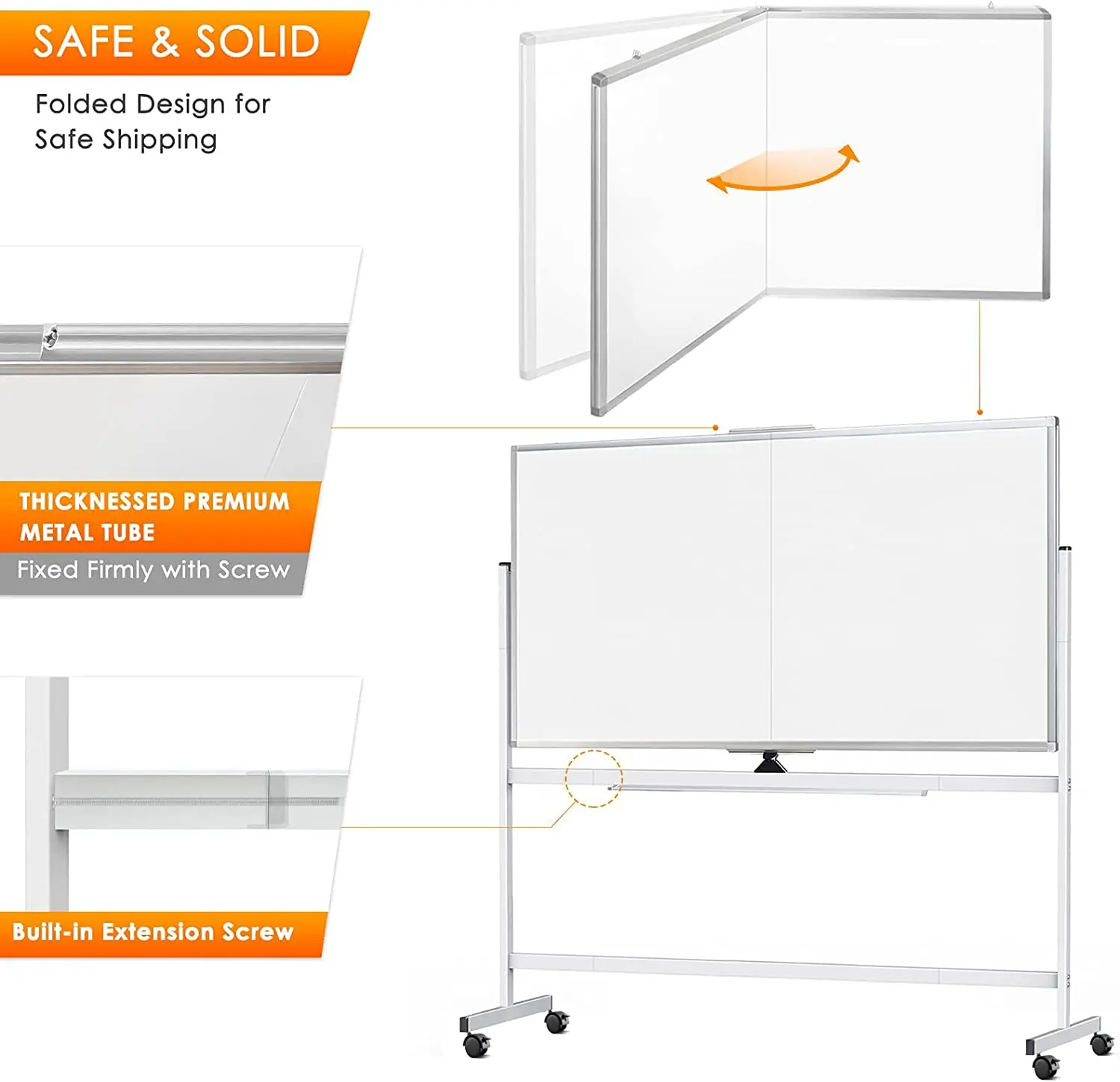 72 x 40 Double Sided Rolling Whiteboard, Mobile Whiteboard Magnetic White Board - Large Reversible Dry Erase Board Easel