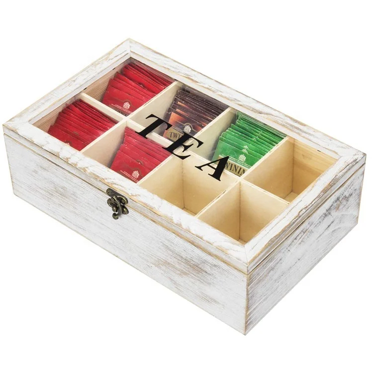 8 Compartment Tea Storage Box Whitewashed Wood Kitchen Countertop Tea Bag Holder Organizer Chest with Clear Acrylic Lid