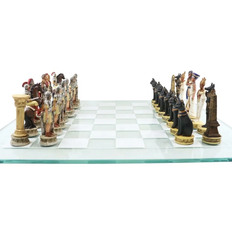Customized Antique Pharaoh Egyptian VS Caesar Roman Empire Resin Figurine Chess Pieces Set Magnetic Custom Shaped Chess Sets