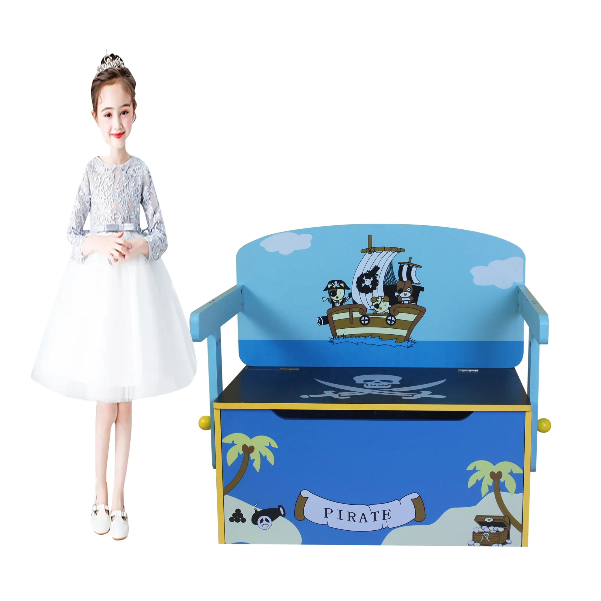 Spot low price Kids Toy Storage Convertible Activity Pirate 3 in 1 toy box bench for Toddlers birthday gift Walker chair