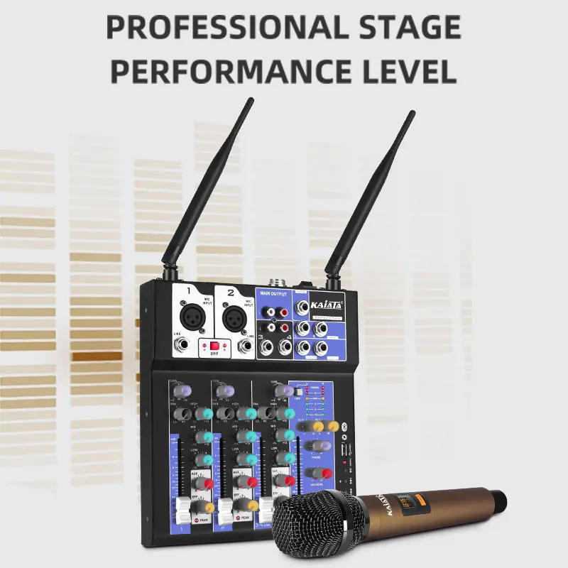 KAIKA F4-2W Small Mixer with wireless microphone integrated computer sound card guitar USB 4-channel Audio     mixer