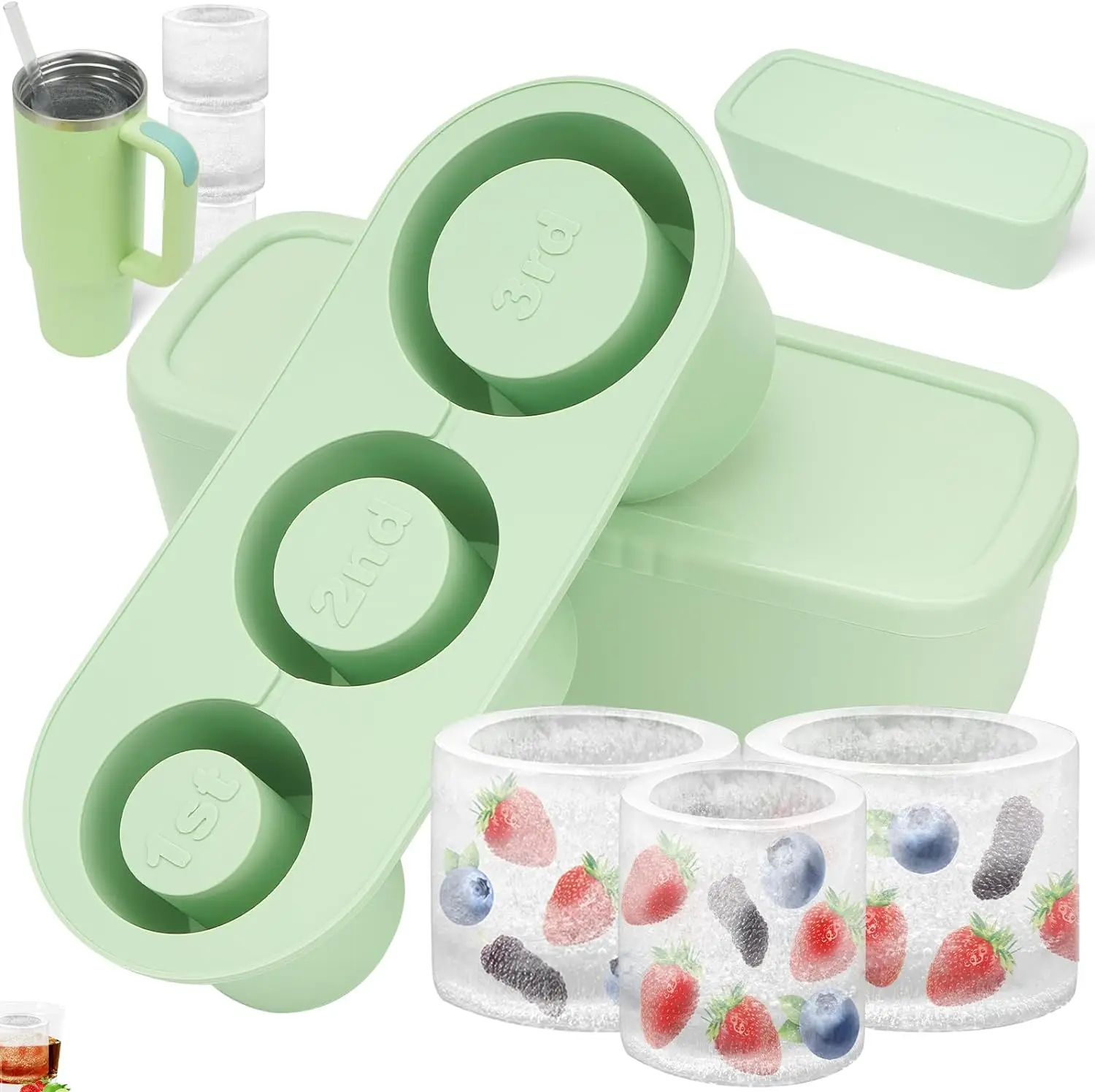 3 Pcs Silicone Hollow Cylinder Ice Cube Tray for 40Oz Tumbler with Lid and Bin for Freezer