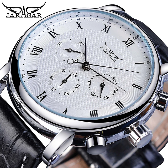Jaragar Elegant White Men Mechanical Watch Automatic 3 Dial Calendar Business Dress Genuine Leather Band Wristwatch Reloj Hombre