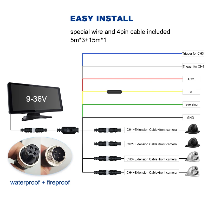 10.36 inches IPS Touch Screen Monitor 4 Channel  AHD 1080P Truck Bus 4G GPS AI DVR