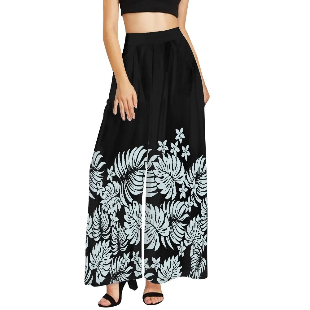 Tall Waist Casual Wide Leg Pants Polynesian Tribal Samoan Puletasi Women Wide Leg Pants Custom Hibiscus Polyester Trousers POD
