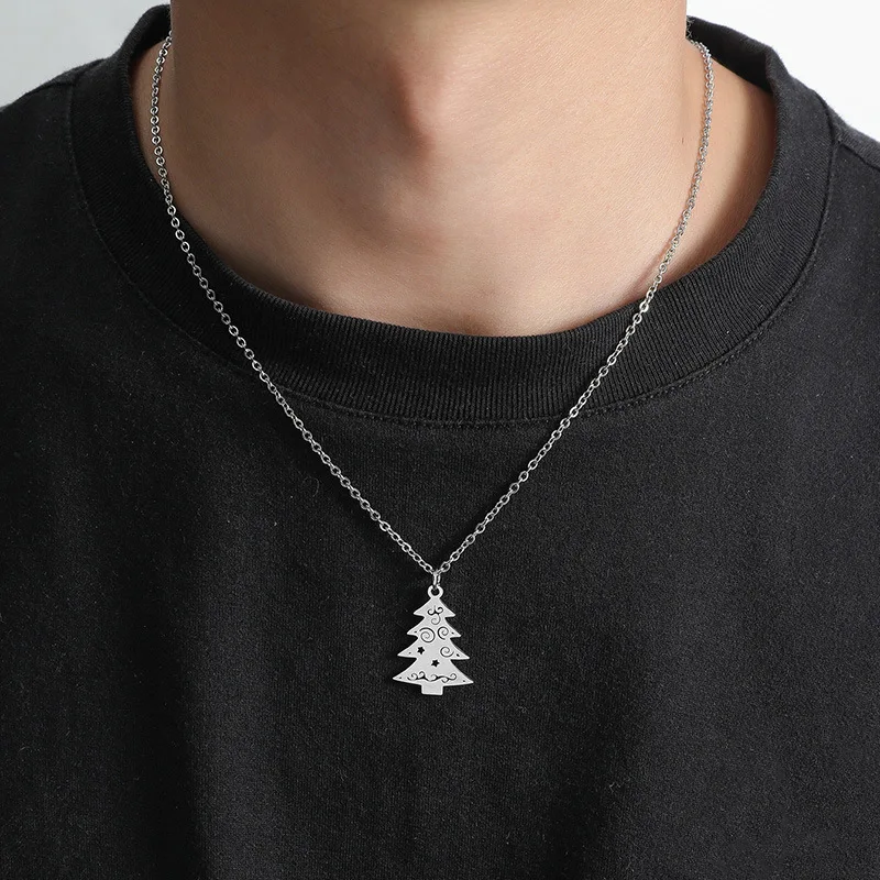 HOVANCI New Design Stainless Steel Chain Necklace Men Stars Christmas Trees Towers Pendent Silver Necklace For Men