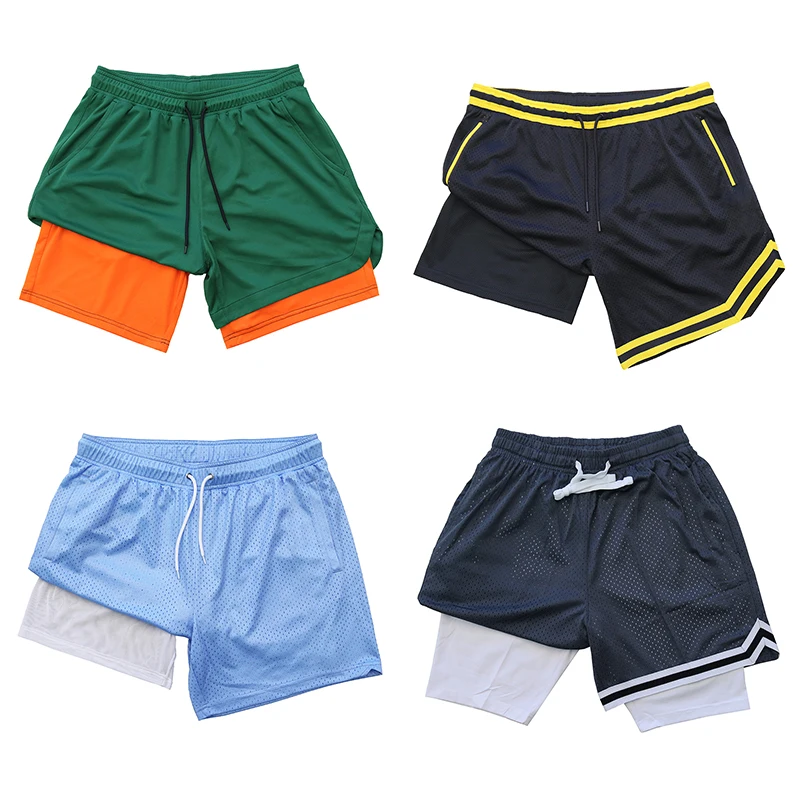 Hot selling summer men quick dry breathable gym basketball 2 in 1 shorts mesh double layers mesh shorts with pockets