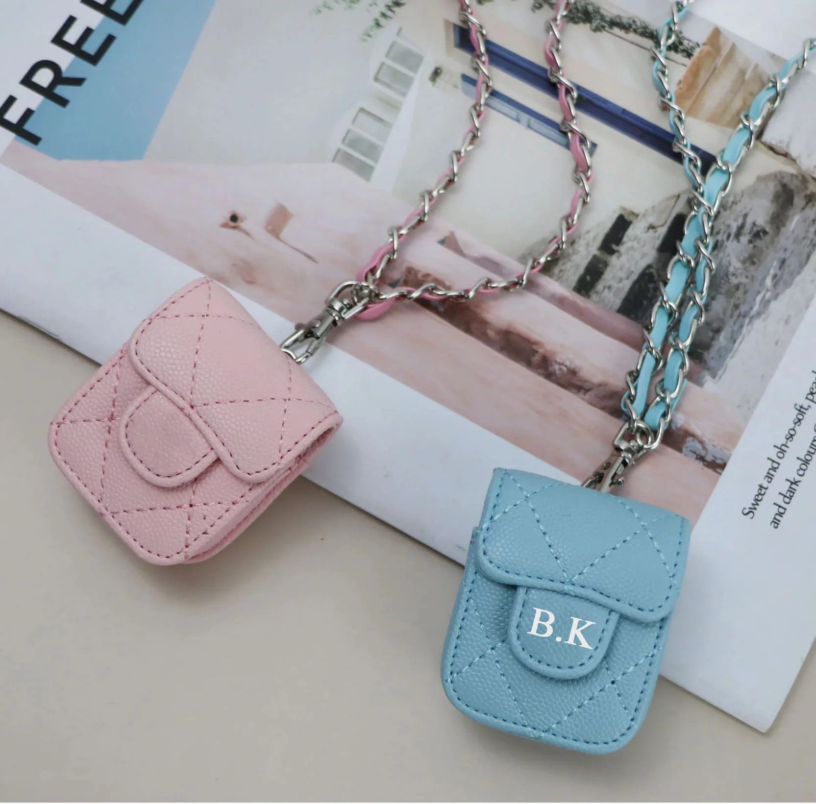 Portable earphone bag stitched PU leather mini lanyard bag case earphone sleeve for Airpods 1 2 pro