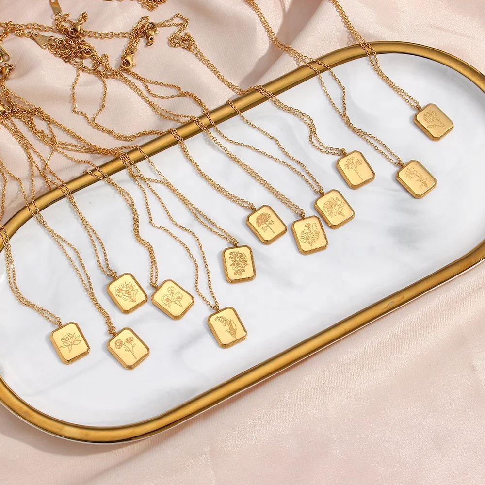 Vintage Engraved Square Birth Flower Pendant Necklace 18K Gold Plated Stainless Steel Tarot Necklace