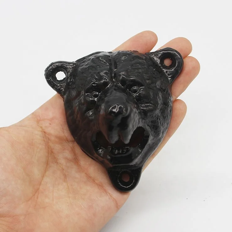 Wholesale Custom Fashion Italian Style 3D Bear Black Vintage Metal  Iron Cast Wall Mounted Bottle Opener Beer