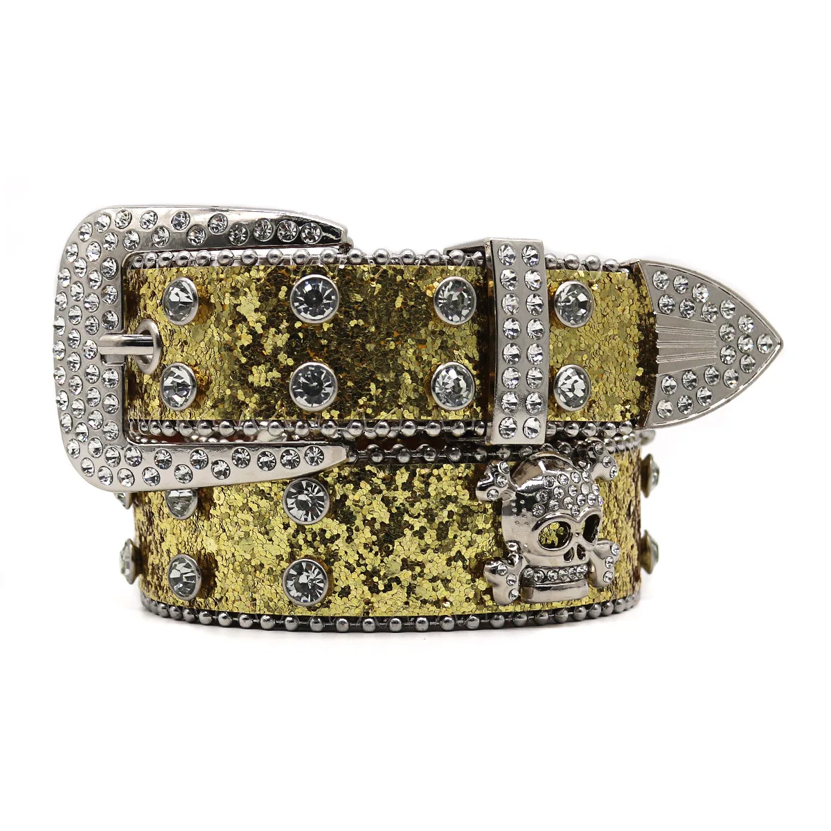 Newly Designed Retro Western Style White Knitted Belts Diamond Sparkling Flexible Waistband Skull PU Big Buckle Outdoor Belt