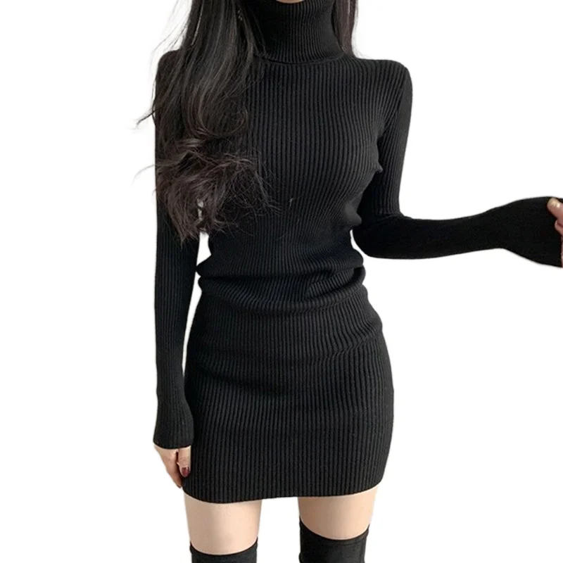 Осенне-зимнее облегающее однотонное платье с высокой горловиной и длинным рукавом в небольшом черном цвете для женщин недорогое сексуальное платье для женщин