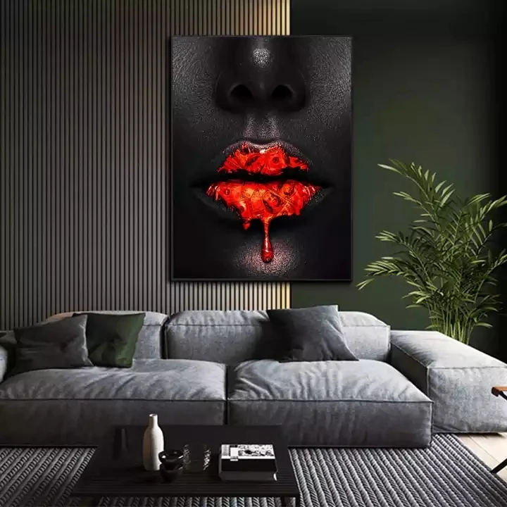 Creative Red Lips Dollar Drip Canvas Painting Art Black African Woman Lip Canvas Wall Painting