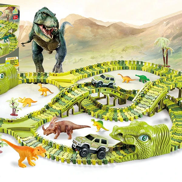 Dinosaur Toys Flexible Track Cars for Boys Track Play set Toy Cars for Girls Dinosaur World Road Race 240 Pcs