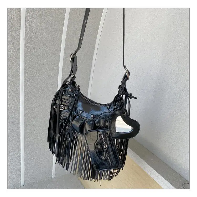 hot sale Fashion studded rivet biker sling bags designer luxury black fringe PU leather purse handbag women