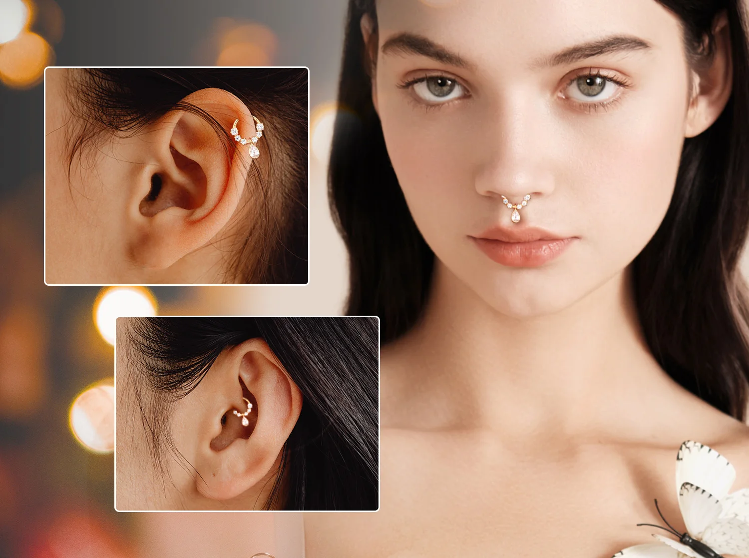 Toposh Rock 9K Solid Gold belly button navel Clear CZ Labret Cartilage Tragus Daith Stud Earrings nose ring Piercing Jewelry