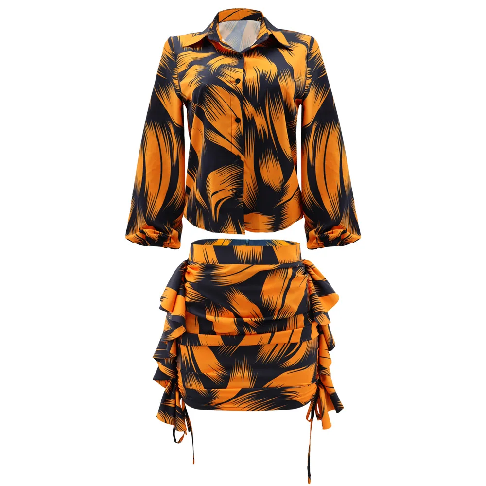 2023 Luxury Print Two Piece Dress Set Elegant Women Female Holiday Sleeve Lace Up Shirt Crop Top Ruffle Mini Skirt Suit