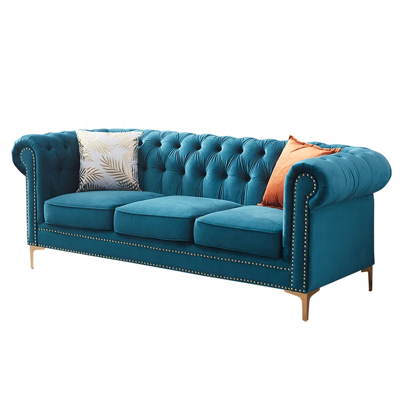 American style modern simple sofa button tufted dark green velvet sofa light luxury fabric living room sofa