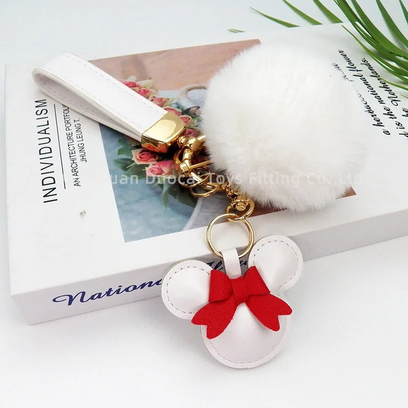 New Style Designer Fashion Mickey Pompom Bag Charms Genugine Leather  Car Key Chain Accessories Custom Luxury Fur Keychain
