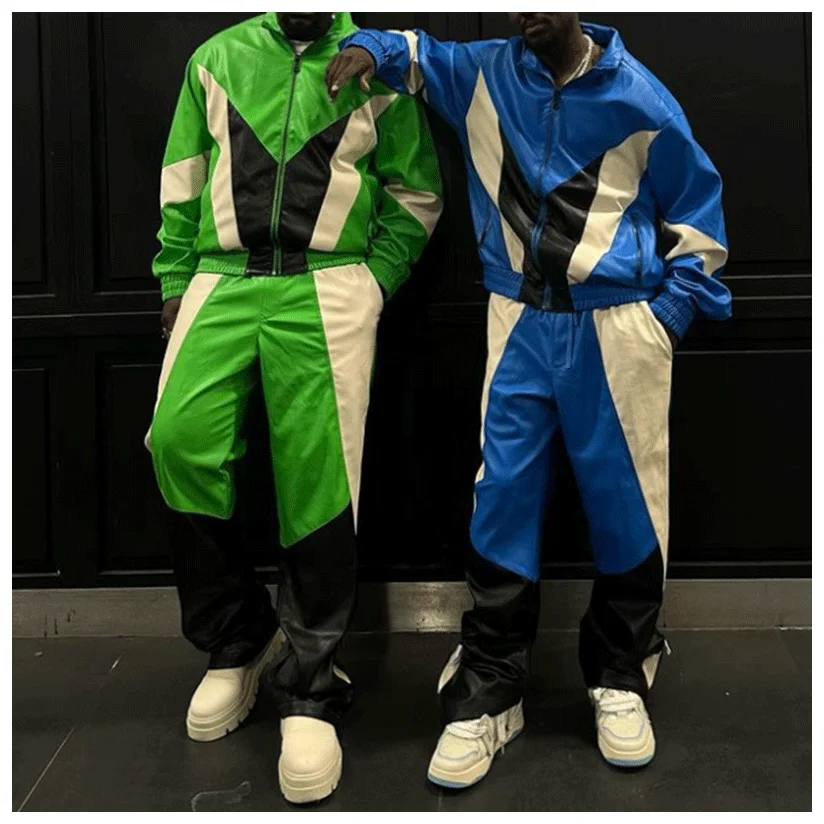 Custom Embroidered Logo Screen Print Men Zip Up Leather Jacket And Pu Stacked Flare Pants Set Oversized Tracksuit For Men