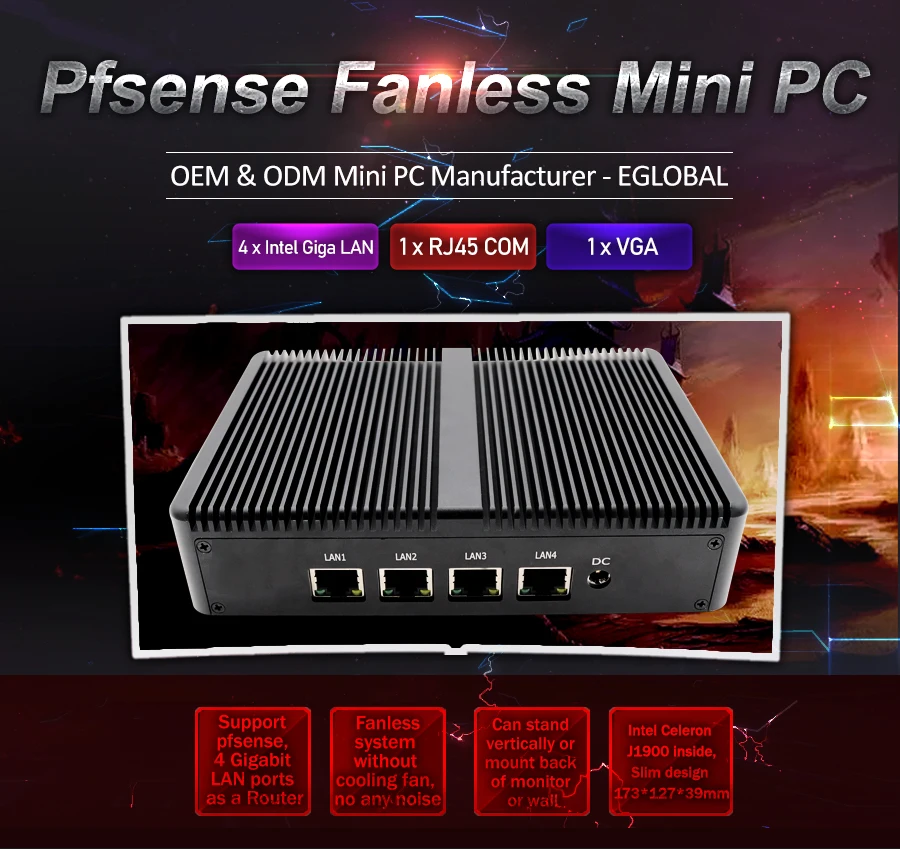 Мини-ПК 4 * LAN Aes-Ni четырехъядерный процессор Celeron J1900 с автоматическим включением Pfsense