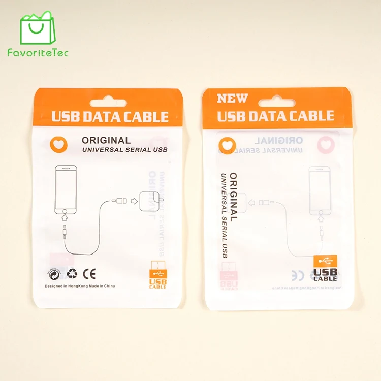 Custom Printed Transparent Plastic Zipper Bag Packing USB Cable With Hang Hole