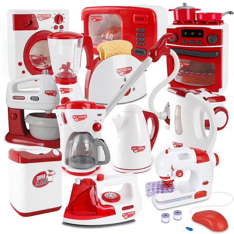 Electric Kids Play House Toys Mini Kitchen Sets Educational Plastic Toys with LED Light and Music Washing Machine Toaster Juice