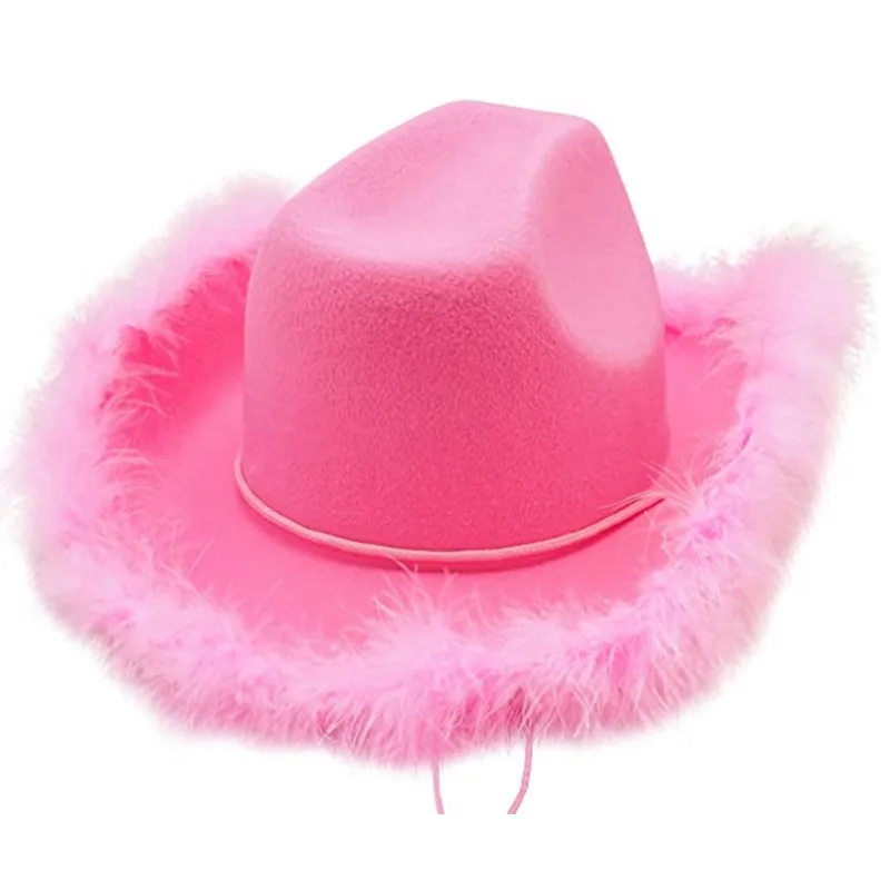 RTS High Quality Pink Cowboy Hats Cowgirl Hats Women Feather Edge Beach Party Caps Girl Rolled Fedora Hats