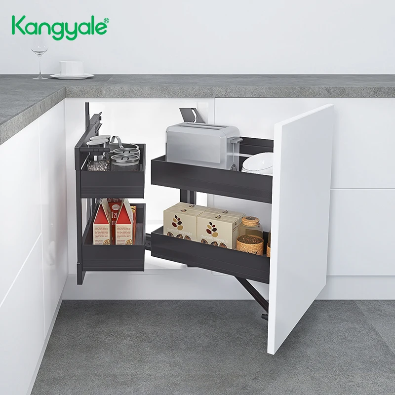 KYL MLK0205 Hot Sale Multifunctional Kitchen Corner Metal Storage Basket Bottom Pull Out Full Open Magic Corner Cabinet Basket