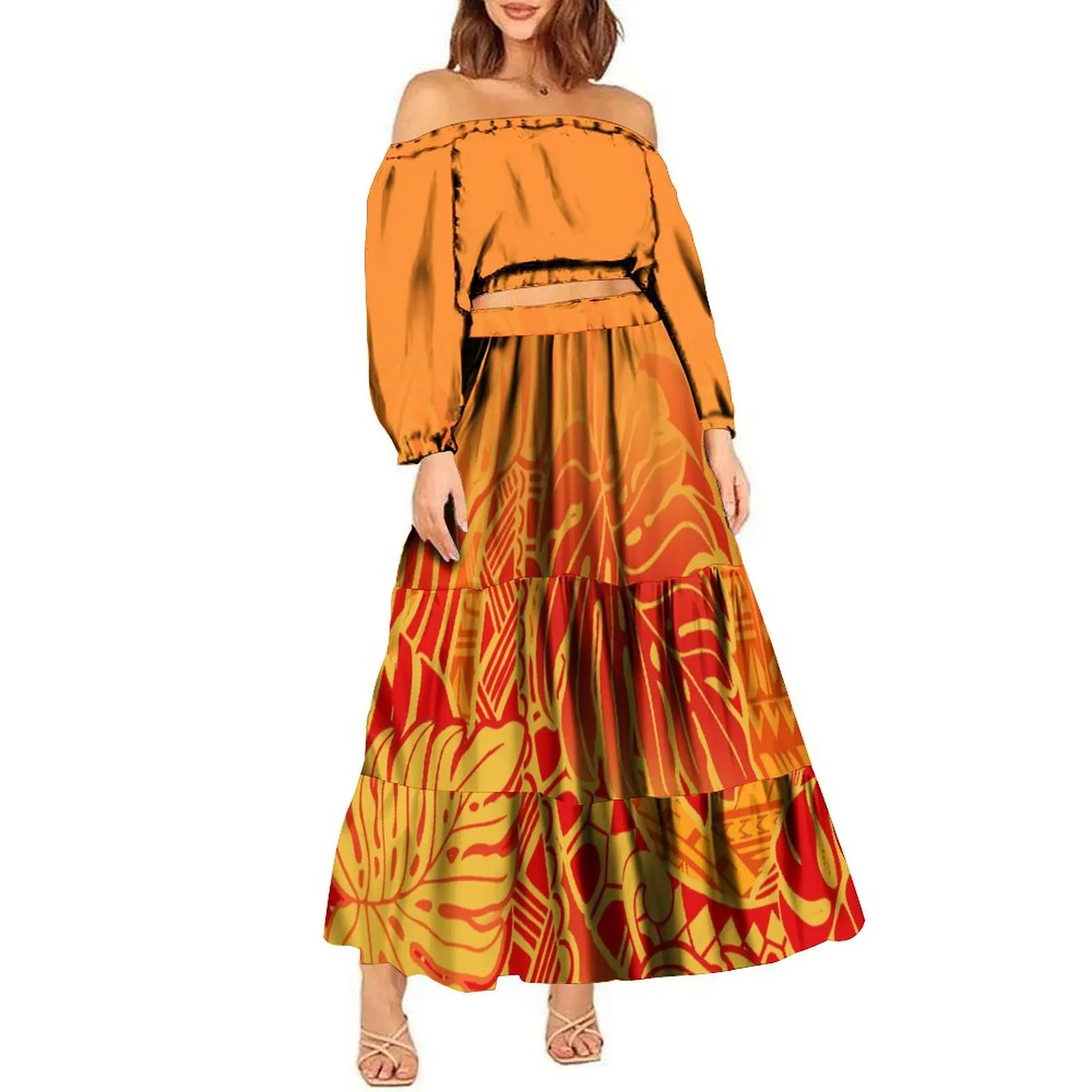 Hawaiian Style Monstera Leaf Print Ladies Long Sleeve Crop Top And Long Pleated Skirt Womens Two Piece Skirt Set Party Dress