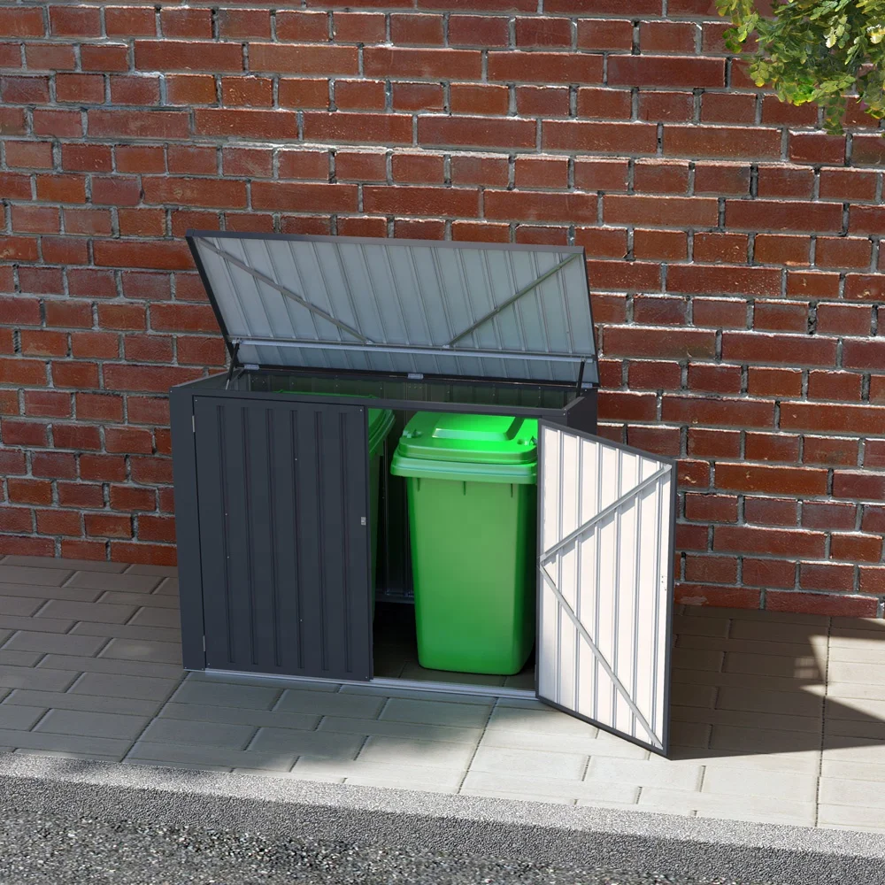 waterproof double hinged door dustbin storage  outdoor multifunction storage for recycling bins, garden tools trash shed