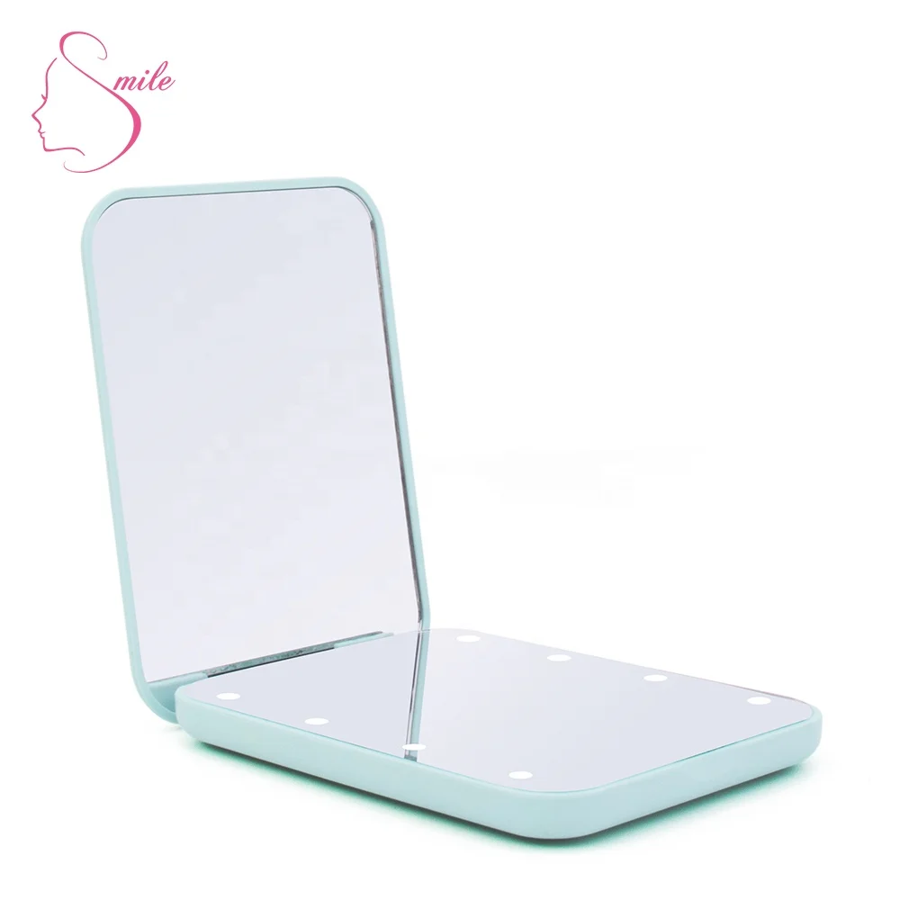 Business Gift Promotional 2X Magnifying Plastic Small Pocket Mini Led Lighted Vanity Makeup Cosmetic Mirror Glass