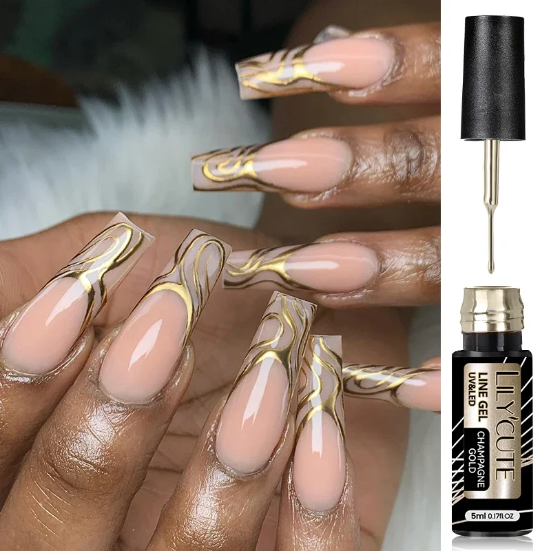 LILYCUTE Metallic Chrome Painting Liner Gel Polish Champagne Gold Mirror Gel Nail Polish Semi Permanent UV Nail Art Liner Gel