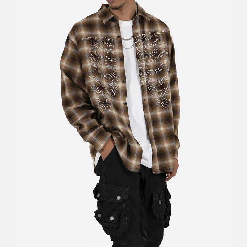 Mens Plaid Shirt Workwear OEM Service Oversized Winter Long Sleeve Pocket Rhinestones Streetwear Shirt Wholesale