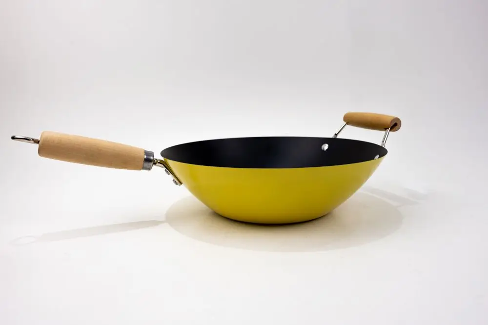 HT Chinese Hand Hammered Non Stick Red Green Carbon Steel Round Bottom wok fry pan