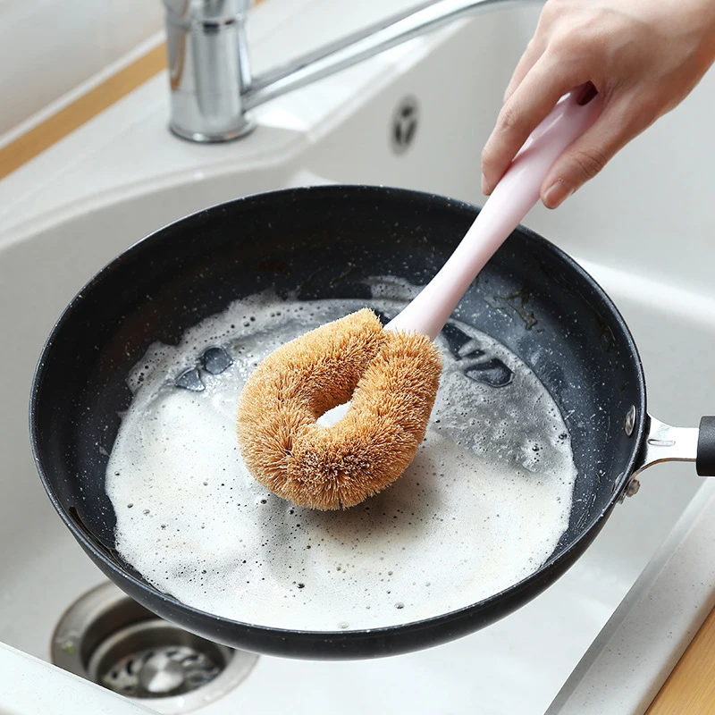 Long handle pp Kitchen Cleaning Pot Bowl  natural coconut fiber  palm  scrub dish Brush handicraft Multi Functional  washing