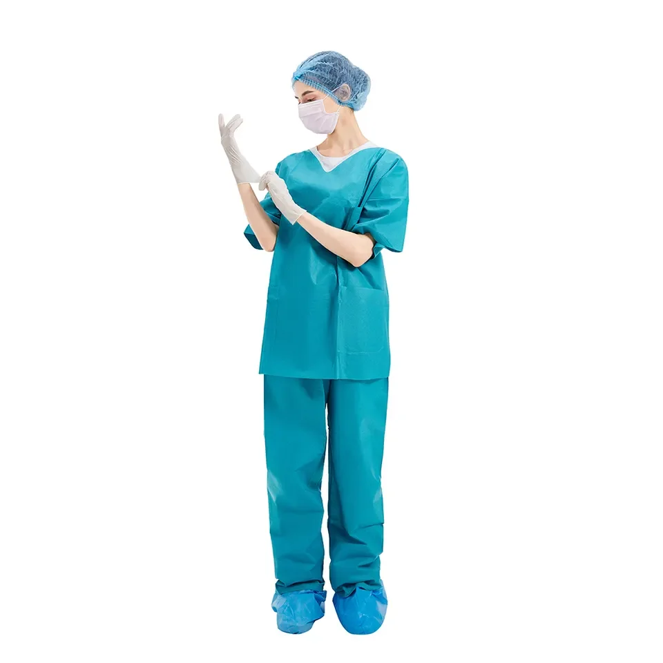 Lake Blue Disposable Scrub Suit New Designs 3 Pockets Manufacturing Outlet