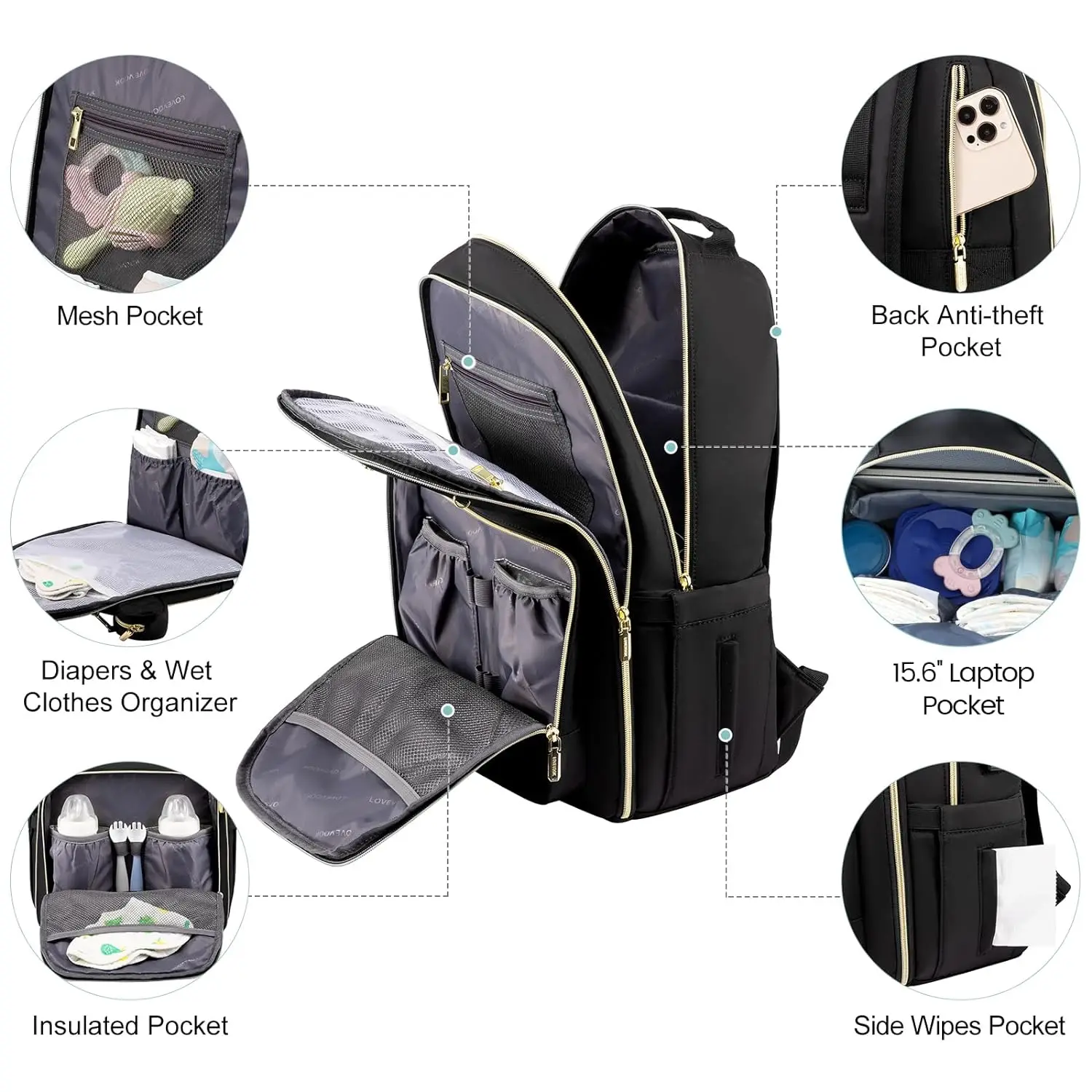 Custom Travel Mommy Diaper Backpack Baby Organizer Bag With Changing Pad Pacifier Case