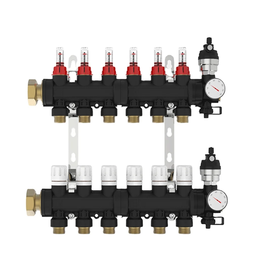 Nylon Manifold Brass Plastic Manifold PA66GF30 With Flowmeter And Bracket For Heating System